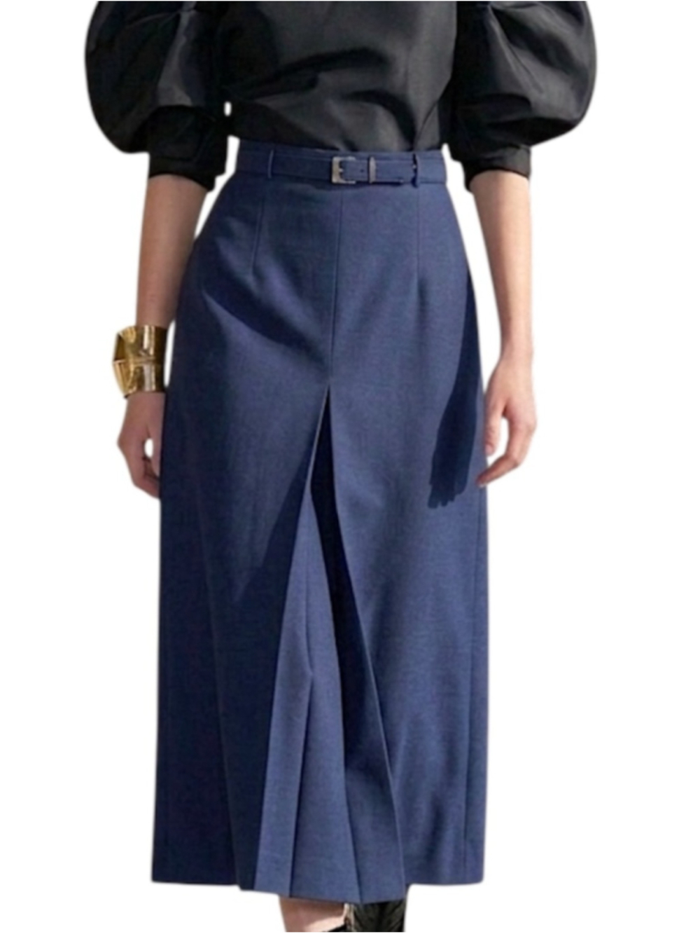 VTG 70s navy blue pleated old money quiet luxury minimal a-line midi skirt